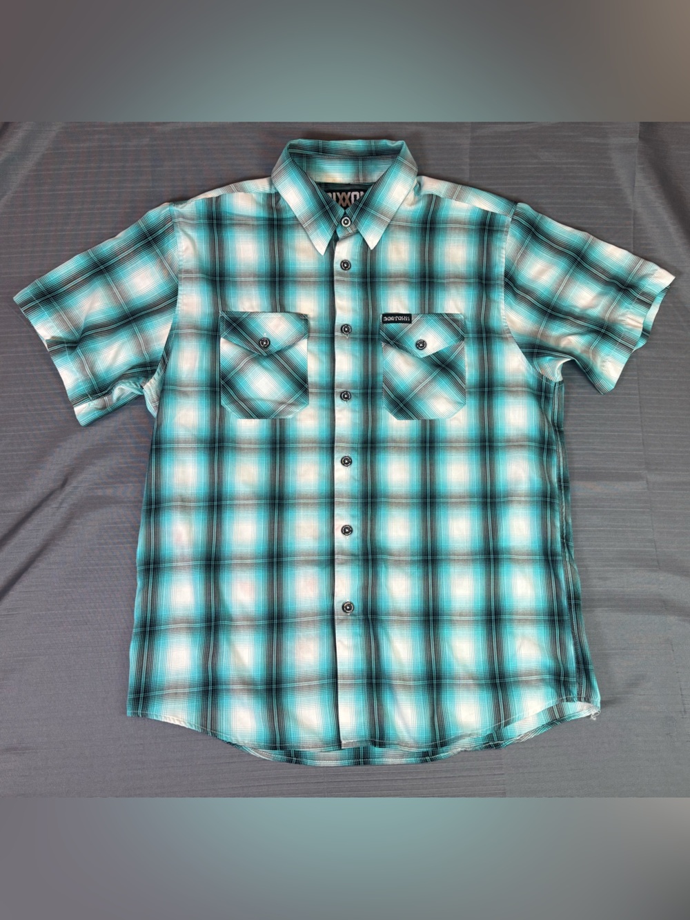 Dixxon Dogtown Bamboo Short Sleeve Plaid Button Up Shirt Men’s Large Blue Teal